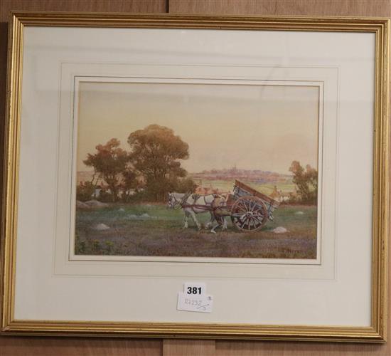 J. Niven, pair of watercolours, horse and carts in landscapes, signed, 26 x 36cm